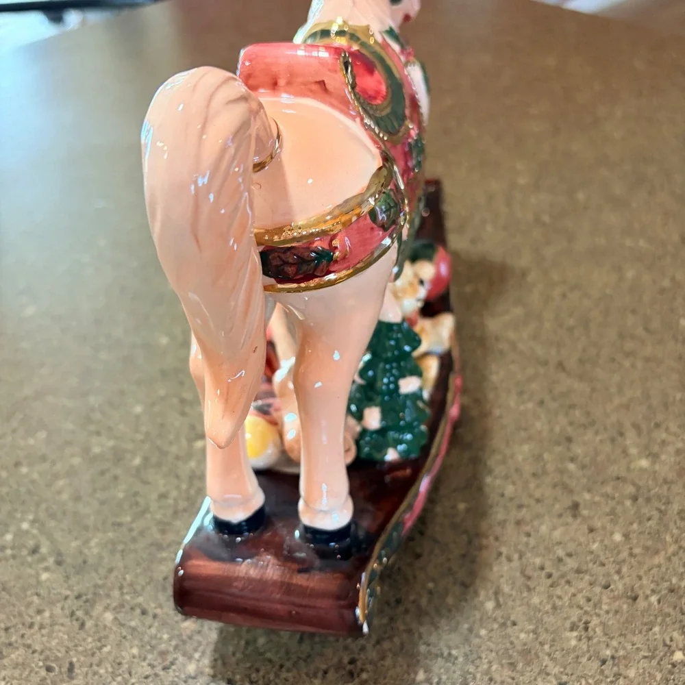 Christmas Rocking Horse Ceramic Figurine‎ Teddy Bear Gifts Gold Accents